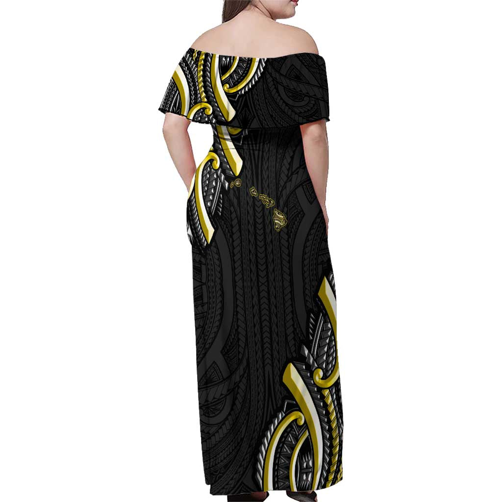 Traditional Art Hawaiian Kakau Tattoos Family Matching Off Shoulder Maxi Dress and Hawaiian Shirt Yellow Color LT03 - Polynesian Pride