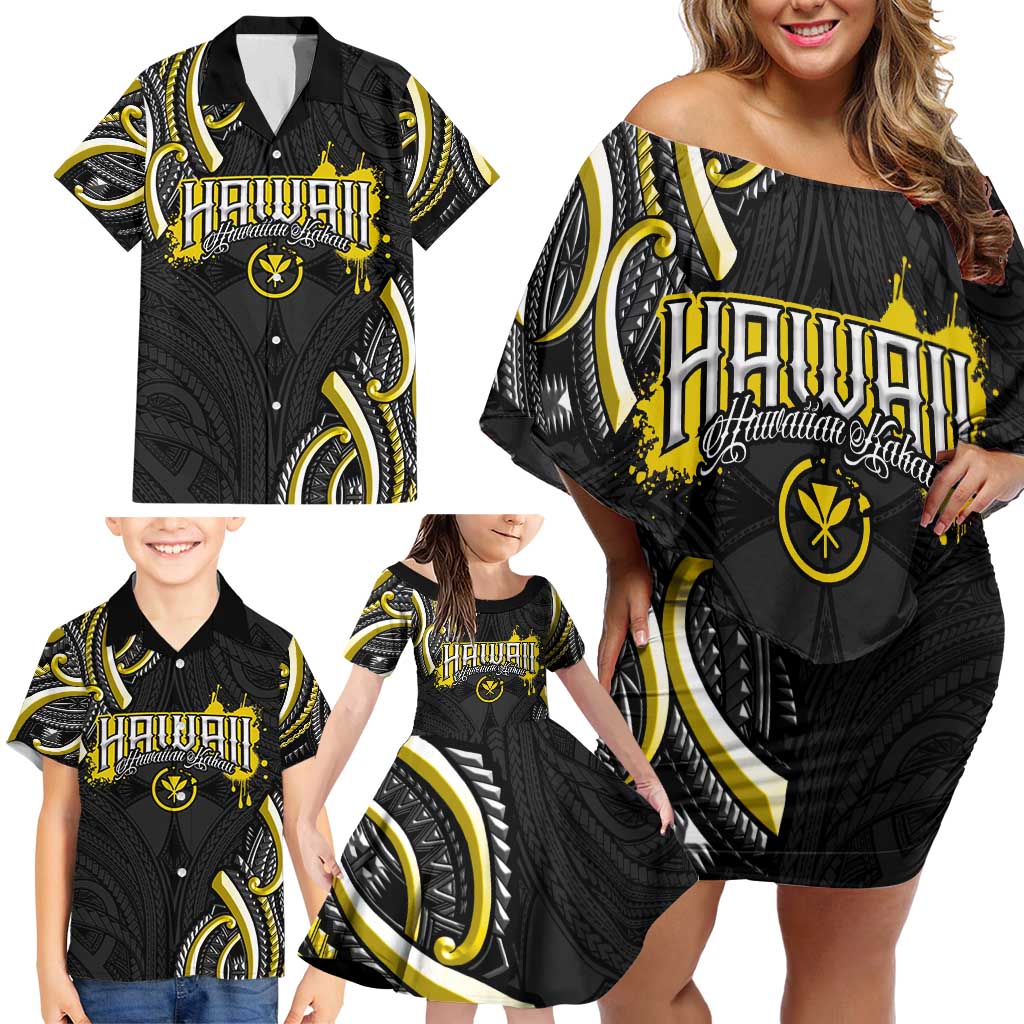 Traditional Art Hawaiian Kakau Tattoos Family Matching Off Shoulder Short Dress and Hawaiian Shirt Yellow Color LT03 - Polynesian Pride