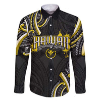 Traditional Art Hawaiian Kakau Tattoos Family Matching Off Shoulder Short Dress and Hawaiian Shirt Yellow Color LT03 Dad's Shirt - Long Sleeve Yellow - Polynesian Pride
