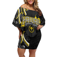 Traditional Art Hawaiian Kakau Tattoos Family Matching Off Shoulder Short Dress and Hawaiian Shirt Yellow Color LT03 Mom's Dress Yellow - Polynesian Pride