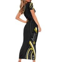 Traditional Art Hawaiian Kakau Tattoos Family Matching Short Sleeve Bodycon Dress and Hawaiian Shirt Yellow Color - Polynesian Pride