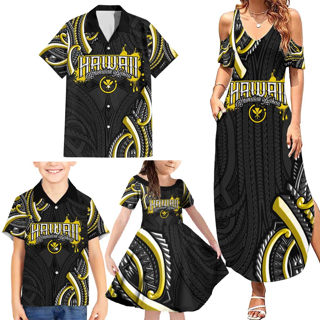 Traditional Art Hawaiian Kakau Tattoos Family Matching Summer Maxi Dress and Hawaiian Shirt Yellow Color - Polynesian Pride