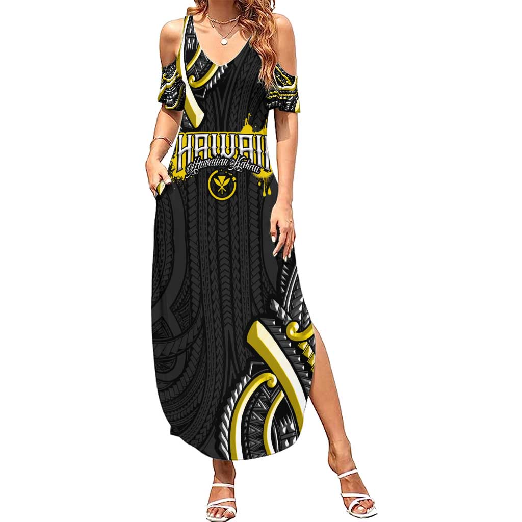 Traditional Art Hawaiian Kakau Tattoos Family Matching Summer Maxi Dress and Hawaiian Shirt Yellow Color LT03 Mom's Dress Yellow - Polynesian Pride