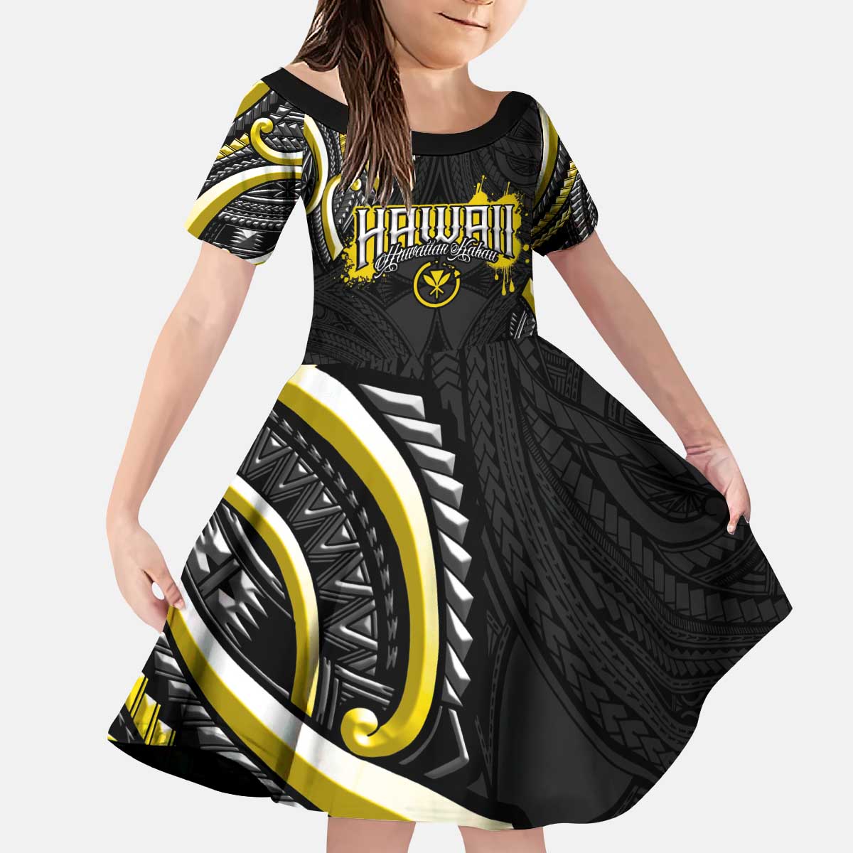 Traditional Art Hawaiian Kakau Tattoos Kid Short Sleeve Dress Yellow Color LT03 KID Yellow - Polynesian Pride