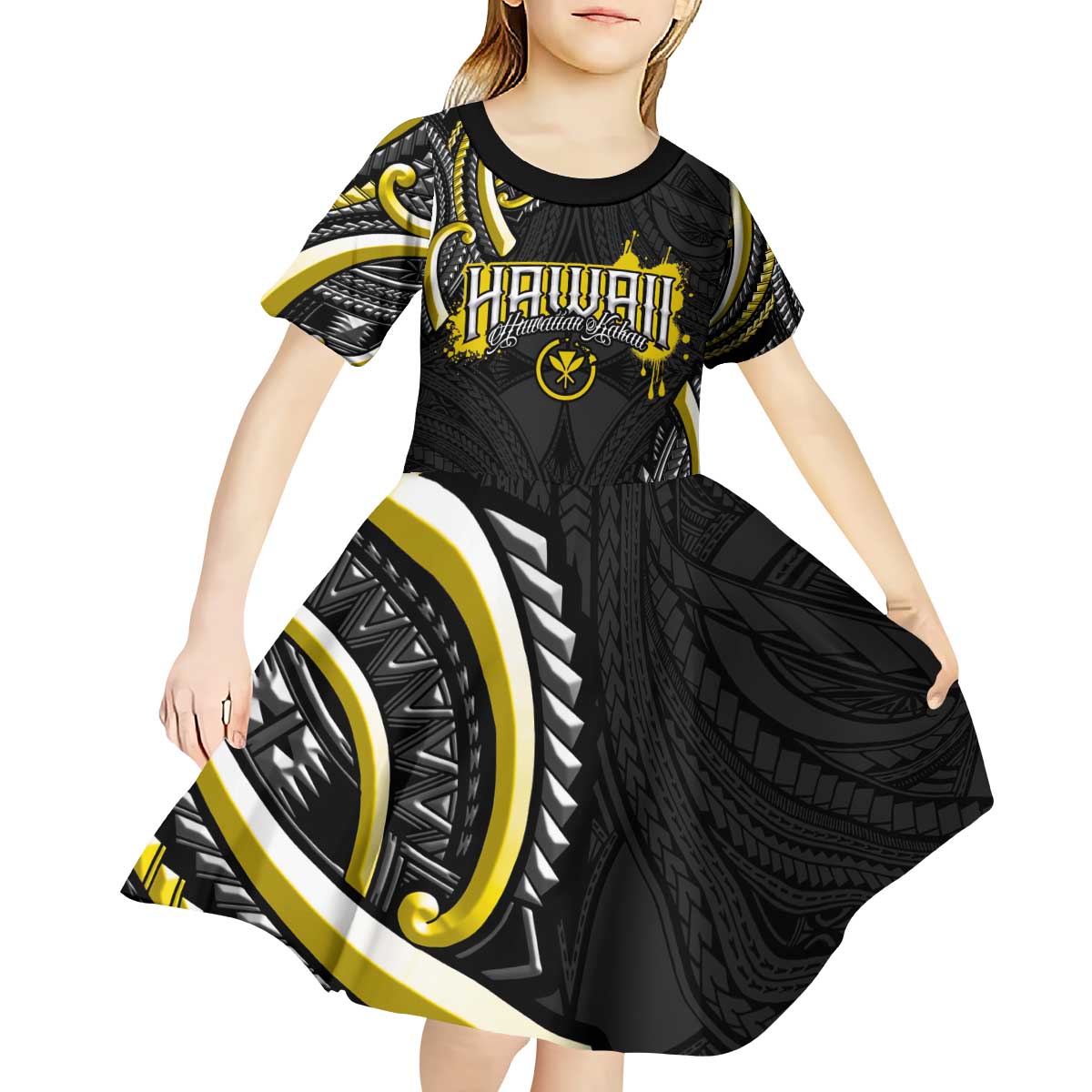 Traditional Art Hawaiian Kakau Tattoos Kid Short Sleeve Dress Yellow Color LT03 - Polynesian Pride