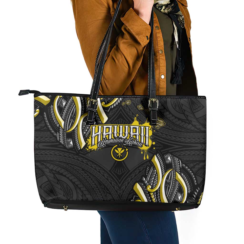 Traditional Art Hawaiian Kakau Tattoos Leather Tote Bag Yellow Color - Polynesian Pride