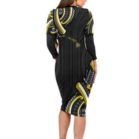 Traditional Art Hawaiian Kakau Tattoos Long Sleeve Bodycon Dress Yellow Color LT03 - Polynesian Pride