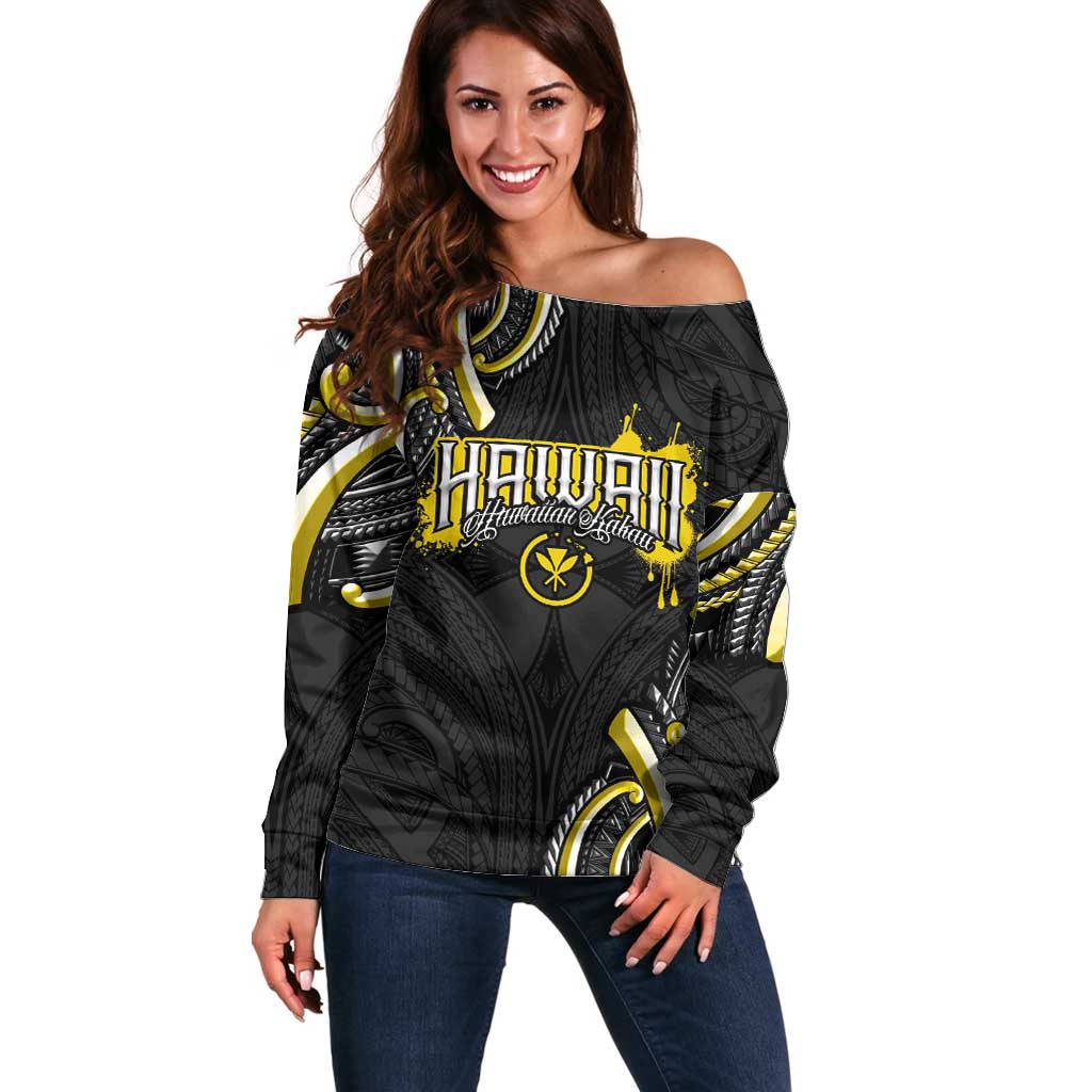 Traditional Art Hawaiian Kakau Tattoos Off Shoulder Sweater Yellow Color - Polynesian Pride