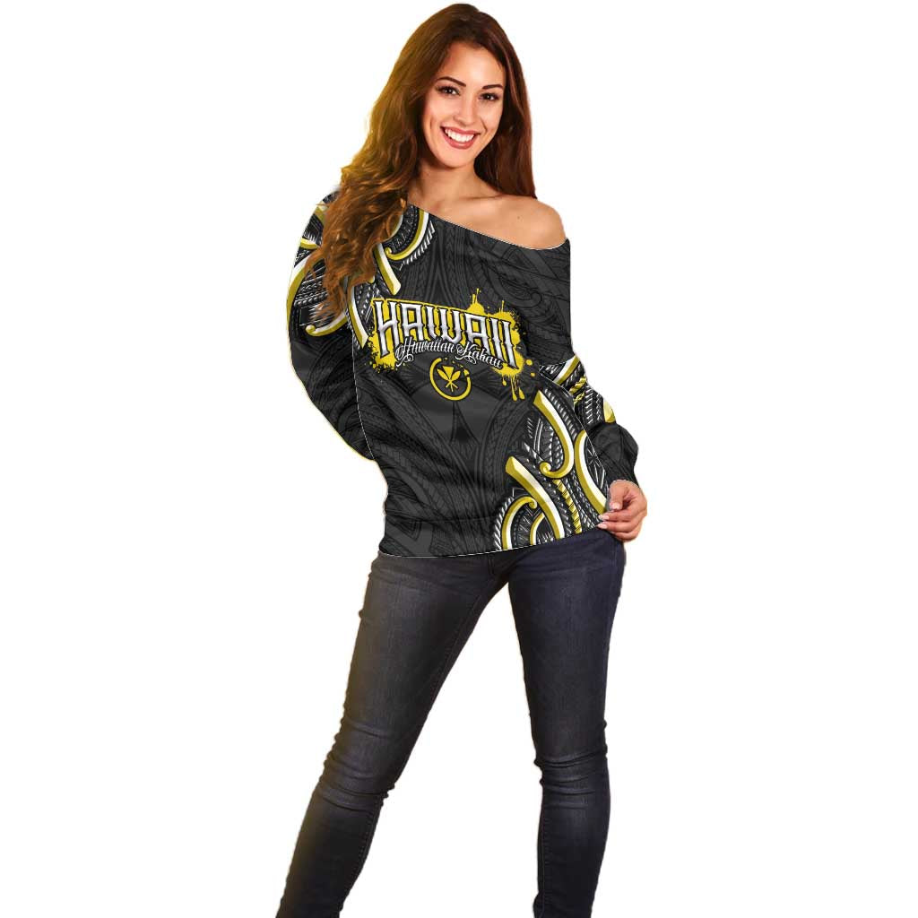 Traditional Art Hawaiian Kakau Tattoos Off Shoulder Sweater Yellow Color - Polynesian Pride