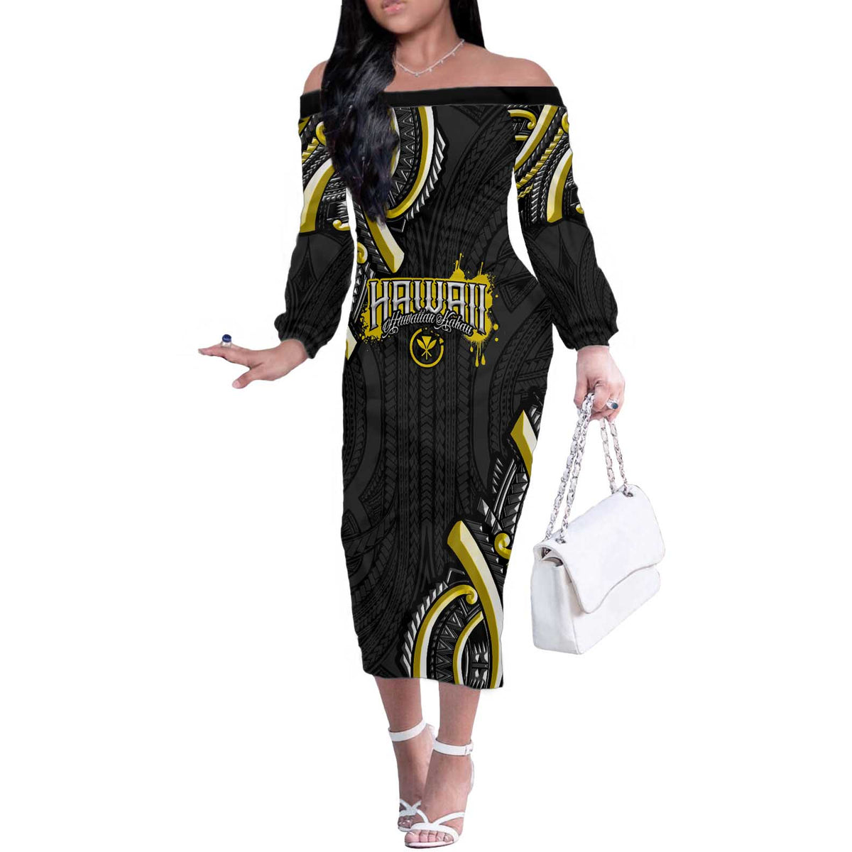 Traditional Art Hawaiian Kakau Tattoos Off The Shoulder Long Sleeve Dress Yellow Color LT03 Women Yellow - Polynesian Pride