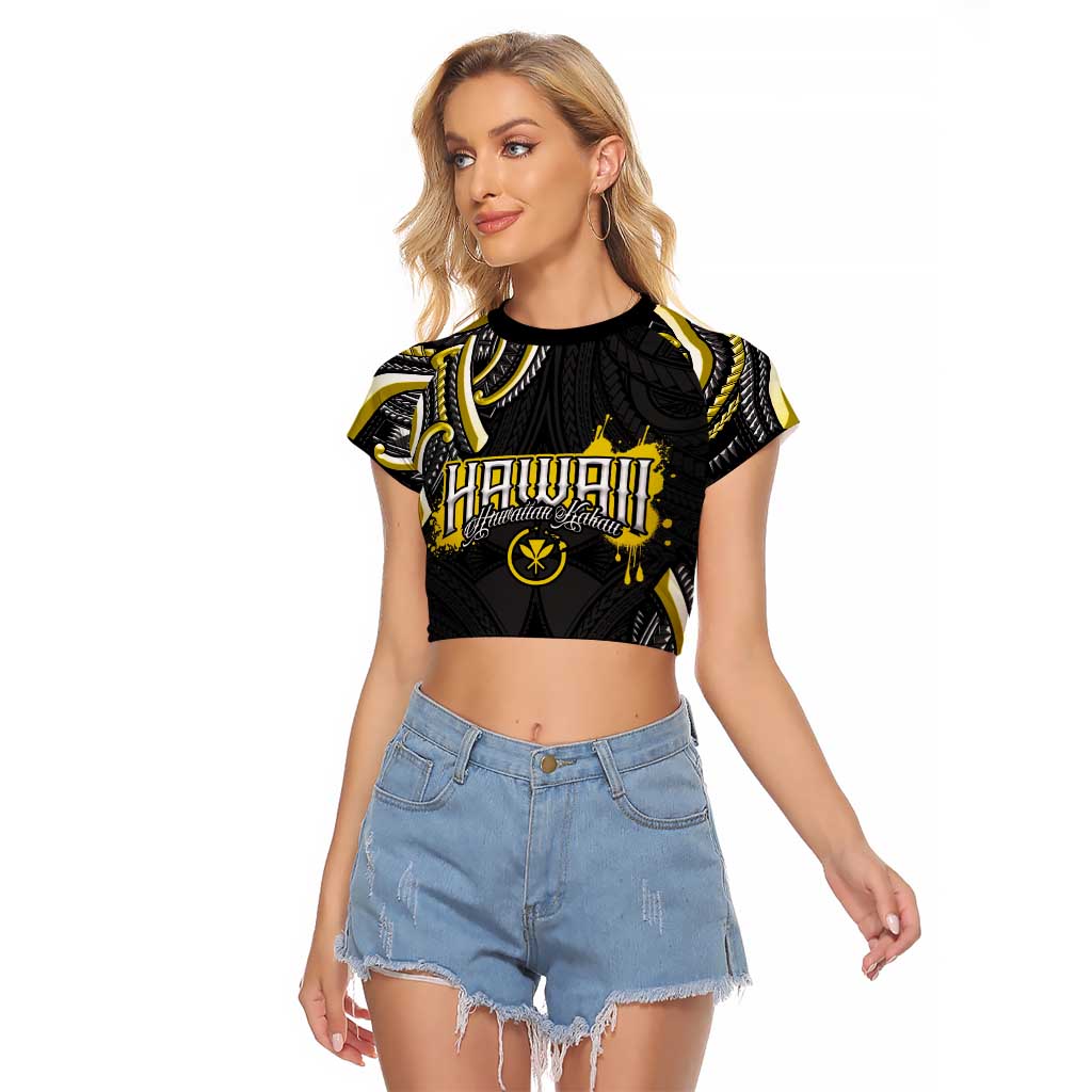 Traditional Art Hawaiian Kakau Tattoos Raglan Cropped T Shirt Yellow Color - Polynesian Pride