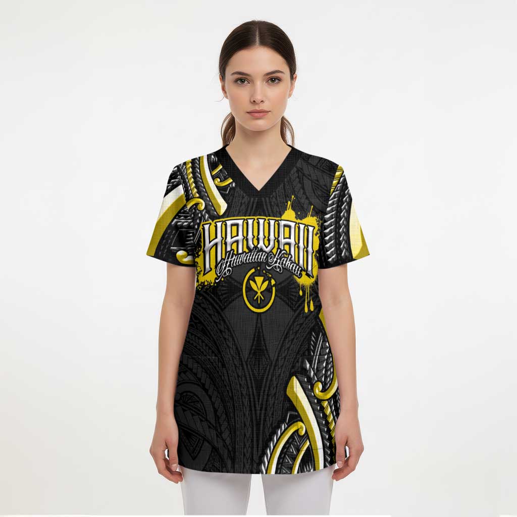 Traditional Art Hawaiian Kakau Tattoos Scrub Top Yellow Color - Polynesian Pride