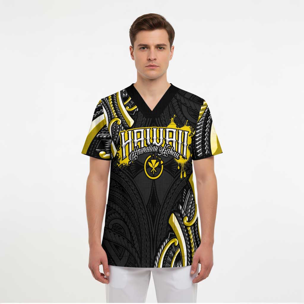 Traditional Art Hawaiian Kakau Tattoos Scrub Top Yellow Color - Polynesian Pride