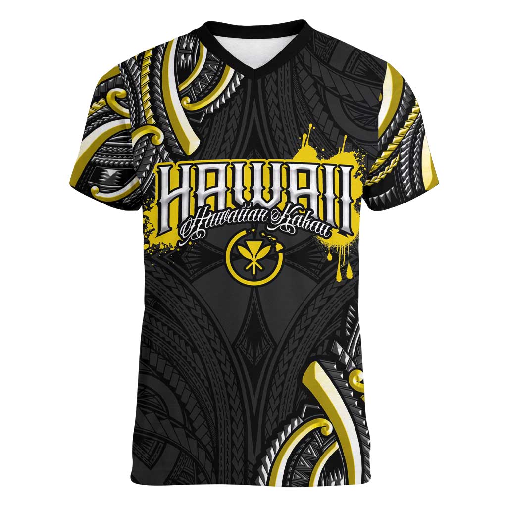 Traditional Art Hawaiian Kakau Tattoos Women V-Neck T-Shirt Yellow Color LT03 Female Yellow - Polynesian Pride