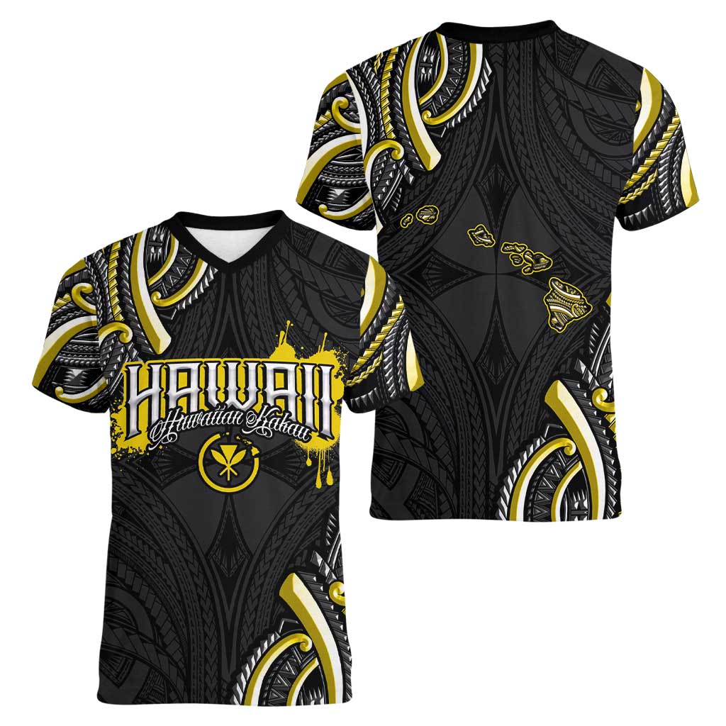 Traditional Art Hawaiian Kakau Tattoos Women V-Neck T-Shirt Yellow Color LT03 - Polynesian Pride