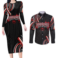 Traditional Art Hawaiian Kakau Tattoos Couples Matching Long Sleeve Bodycon Dress and Long Sleeve Button Shirt Red Color - Polynesian Pride