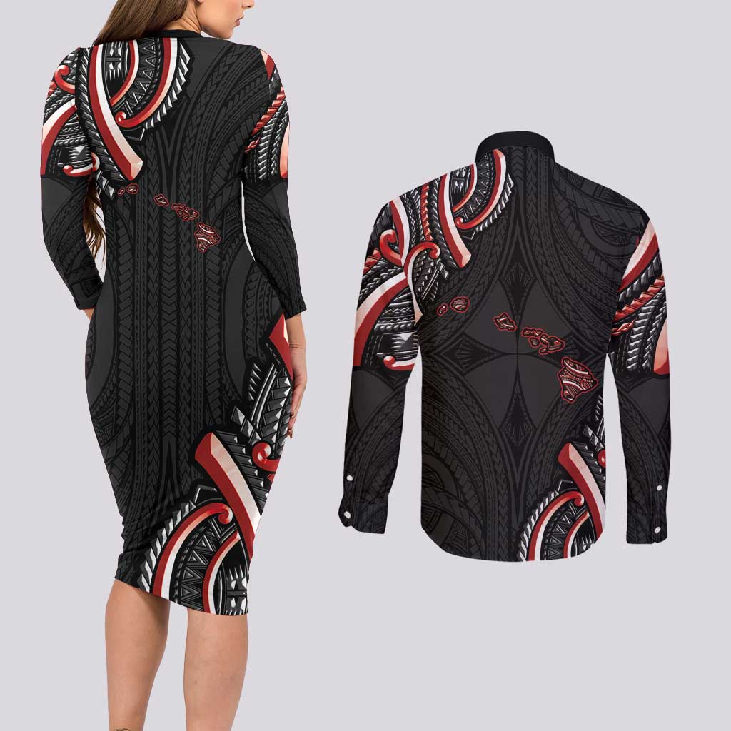 Traditional Art Hawaiian Kakau Tattoos Couples Matching Long Sleeve Bodycon Dress and Long Sleeve Button Shirt Red Color - Polynesian Pride