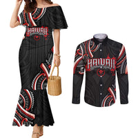Traditional Art Hawaiian Kakau Tattoos Couples Matching Mermaid Dress and Long Sleeve Button Shirt Red Color - Polynesian Pride