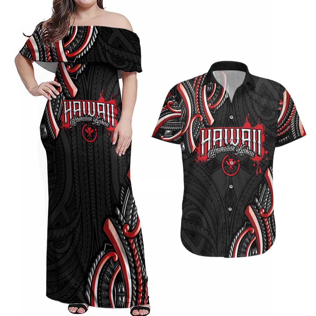 Traditional Art Hawaiian Kakau Tattoos Couples Matching Off Shoulder Maxi Dress and Hawaiian Shirt Red Color - Polynesian Pride
