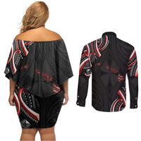 Traditional Art Hawaiian Kakau Tattoos Couples Matching Off Shoulder Short Dress and Long Sleeve Button Shirt Red Color - Polynesian Pride