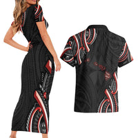 Traditional Art Hawaiian Kakau Tattoos Couples Matching Short Sleeve Bodycon Dress and Hawaiian Shirt Red Color - Polynesian Pride