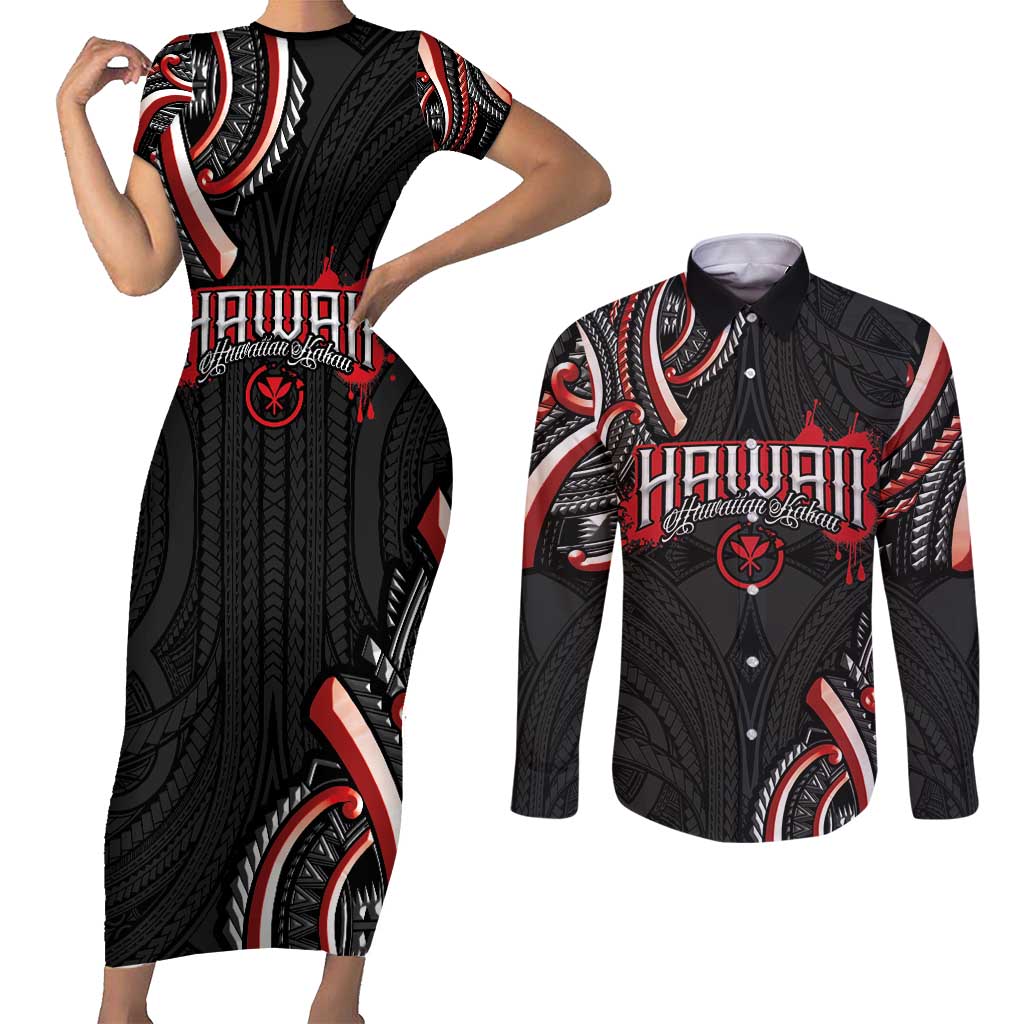 Traditional Art Hawaiian Kakau Tattoos Couples Matching Short Sleeve Bodycon Dress and Long Sleeve Button Shirt Red Color - Polynesian Pride