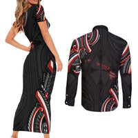Traditional Art Hawaiian Kakau Tattoos Couples Matching Short Sleeve Bodycon Dress and Long Sleeve Button Shirt Red Color - Polynesian Pride