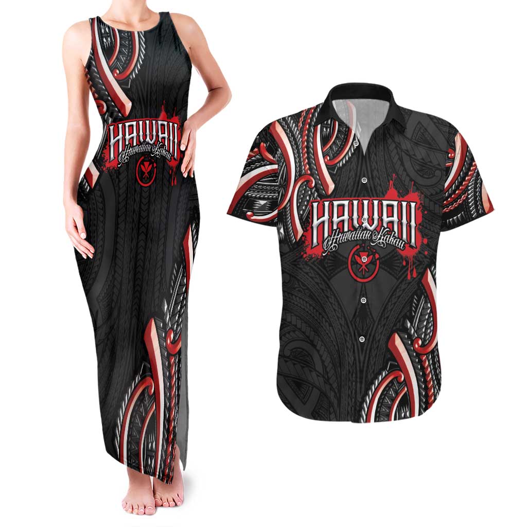 Traditional Art Hawaiian Kakau Tattoos Couples Matching Tank Maxi Dress and Hawaiian Shirt Red Color - Polynesian Pride