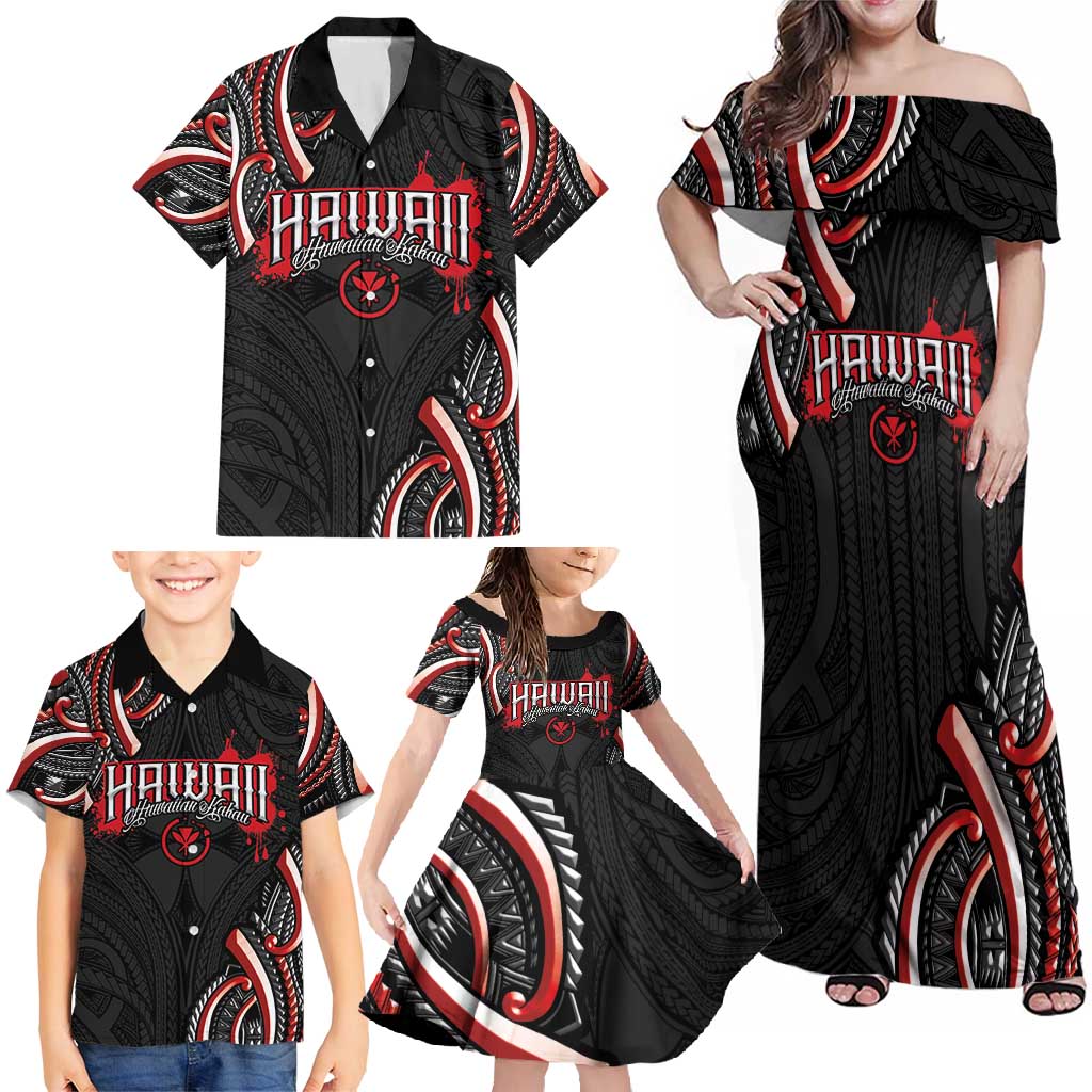 Traditional Art Hawaiian Kakau Tattoos Family Matching Off Shoulder Maxi Dress and Hawaiian Shirt Red Color LT03 - Polynesian Pride