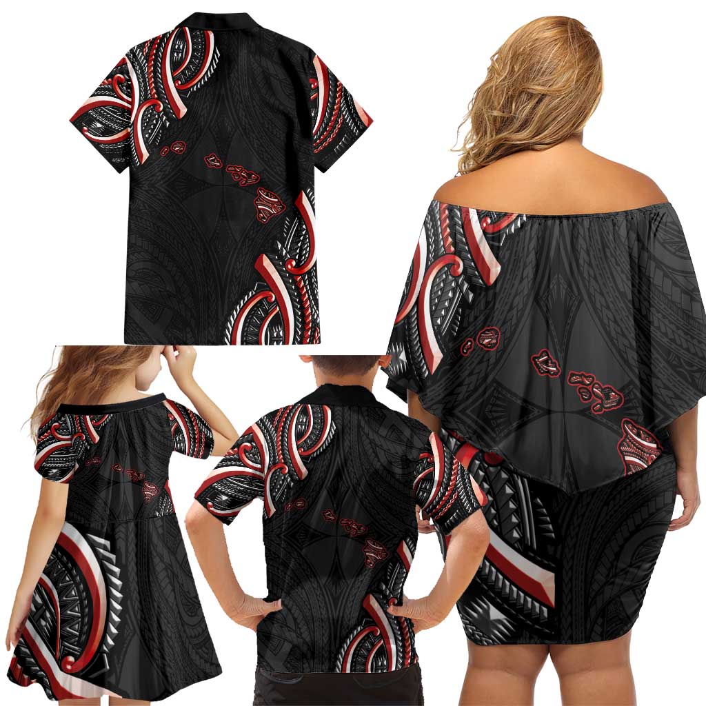 Traditional Art Hawaiian Kakau Tattoos Family Matching Off Shoulder Short Dress and Hawaiian Shirt Red Color LT03 - Polynesian Pride