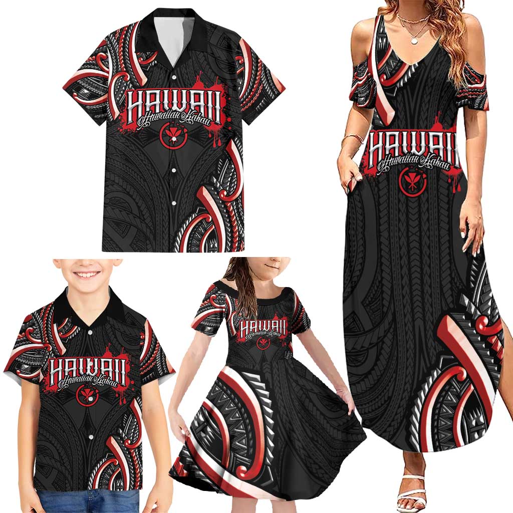 Traditional Art Hawaiian Kakau Tattoos Family Matching Summer Maxi Dress and Hawaiian Shirt Red Color LT03 - Polynesian Pride