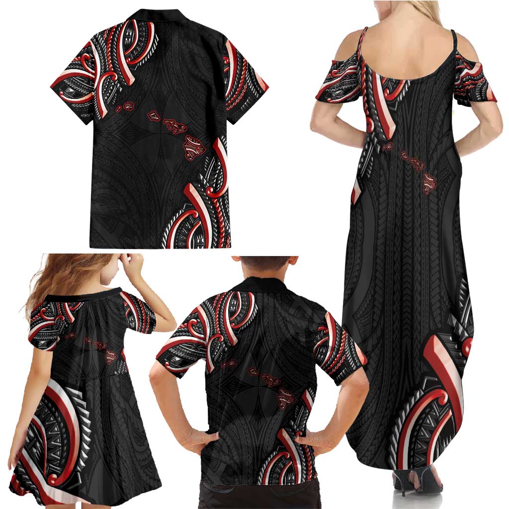 Traditional Art Hawaiian Kakau Tattoos Family Matching Summer Maxi Dress and Hawaiian Shirt Red Color LT03 - Polynesian Pride