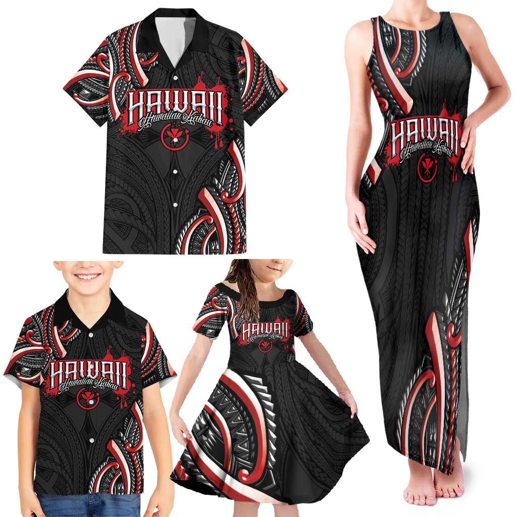 Traditional Art Hawaiian Kakau Tattoos Family Matching Tank Maxi Dress and Hawaiian Shirt Red Color LT03 - Polynesian Pride