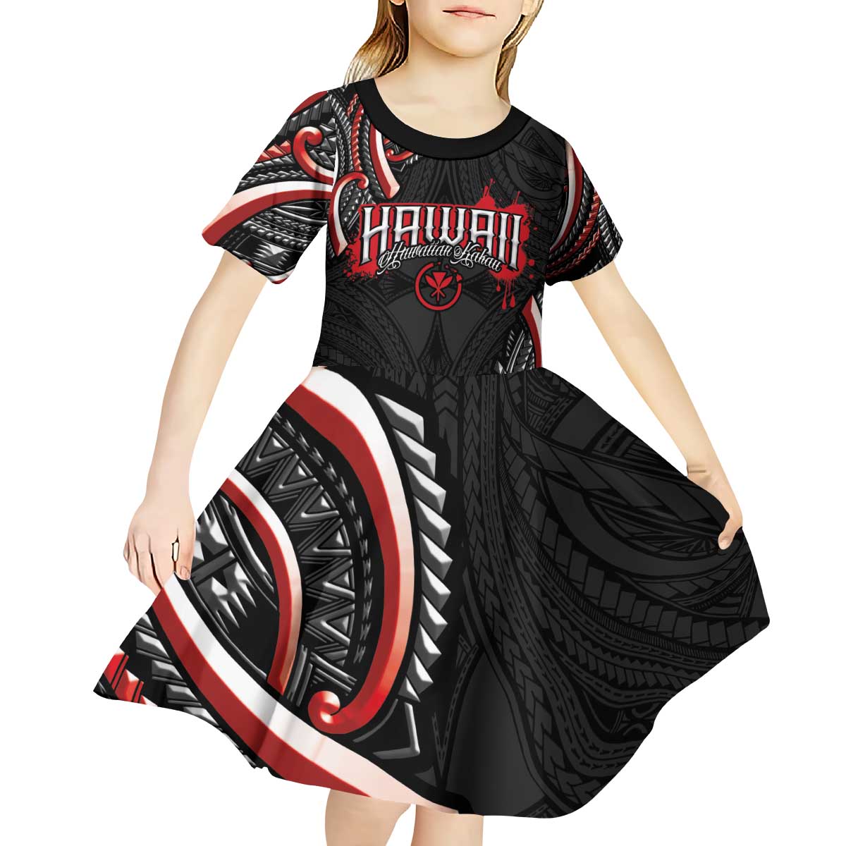 Traditional Art Hawaiian Kakau Tattoos Kid Short Sleeve Dress Red Color - Polynesian Pride