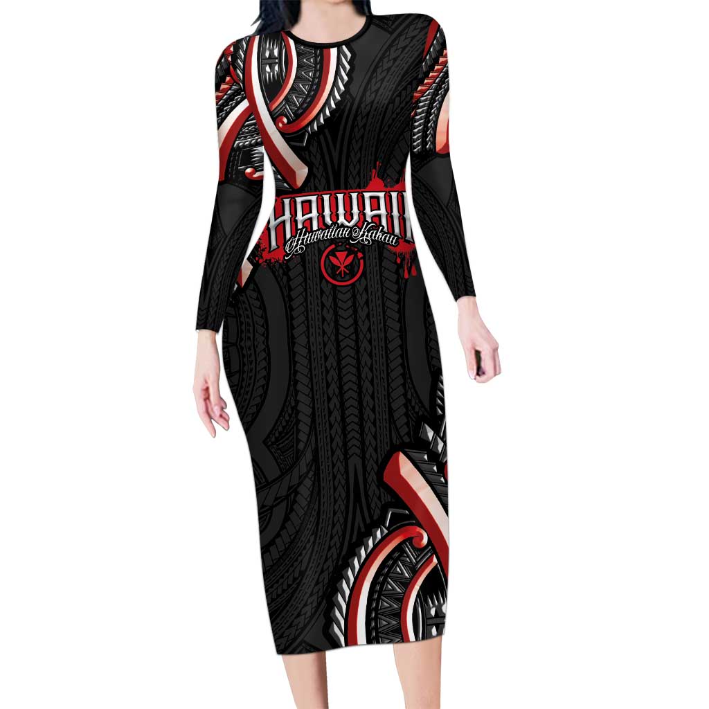 Traditional Art Hawaiian Kakau Tattoos Long Sleeve Bodycon Dress Red Color LT03 Long Dress Red - Polynesian Pride