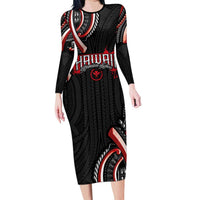 Traditional Art Hawaiian Kakau Tattoos Long Sleeve Bodycon Dress Red Color LT03 Long Dress Red - Polynesian Pride