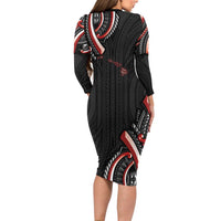 Traditional Art Hawaiian Kakau Tattoos Long Sleeve Bodycon Dress Red Color LT03 - Polynesian Pride