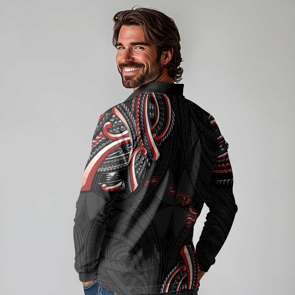 Traditional Art Hawaiian Kakau Tattoos Long Sleeve Polo Shirt Red Color - Polynesian Pride