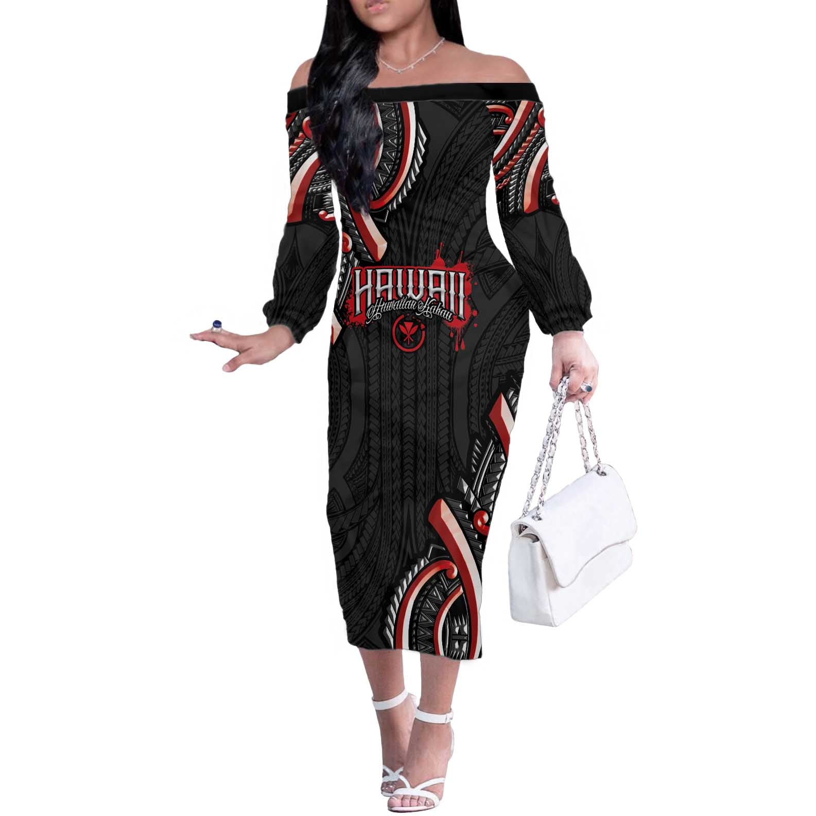 Traditional Art Hawaiian Kakau Tattoos Off The Shoulder Long Sleeve Dress Red Color - Polynesian Pride