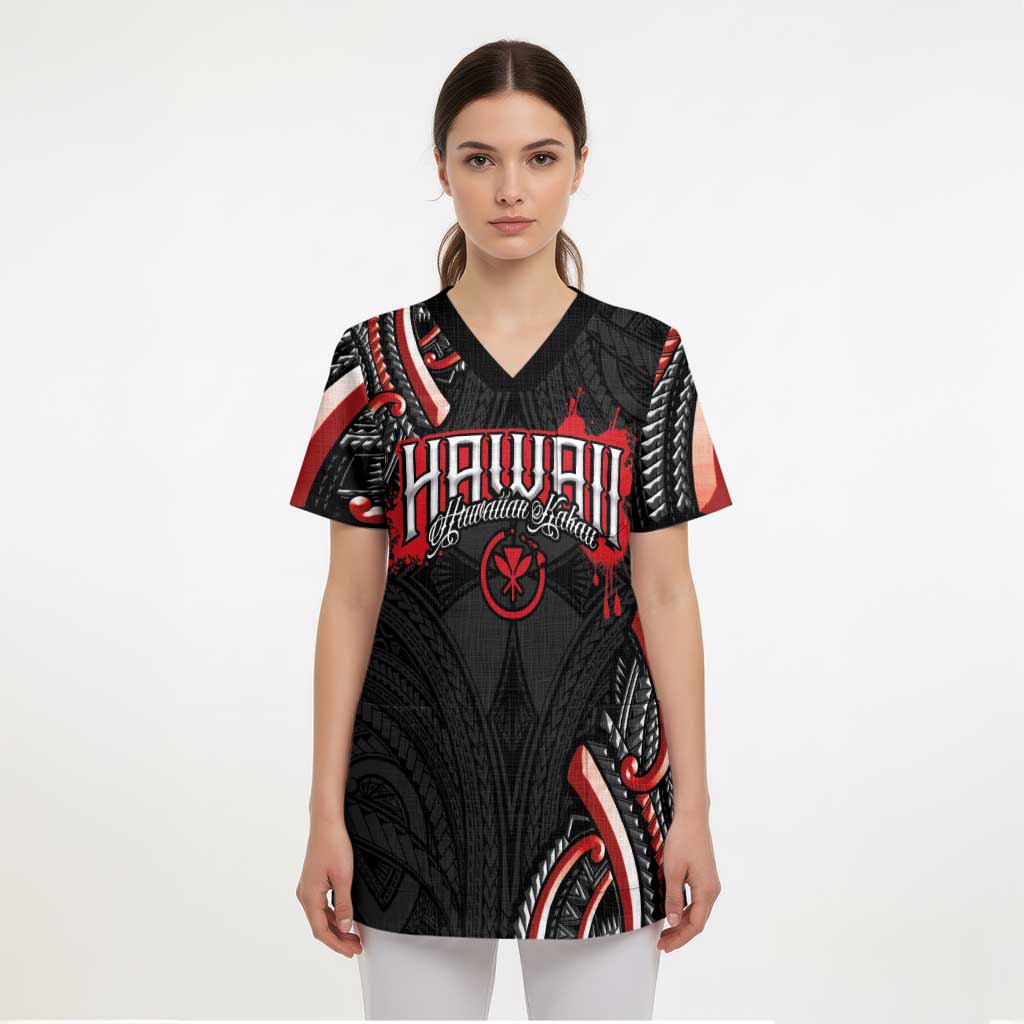 Traditional Art Hawaiian Kakau Tattoos Scrub Top Red Color - Polynesian Pride