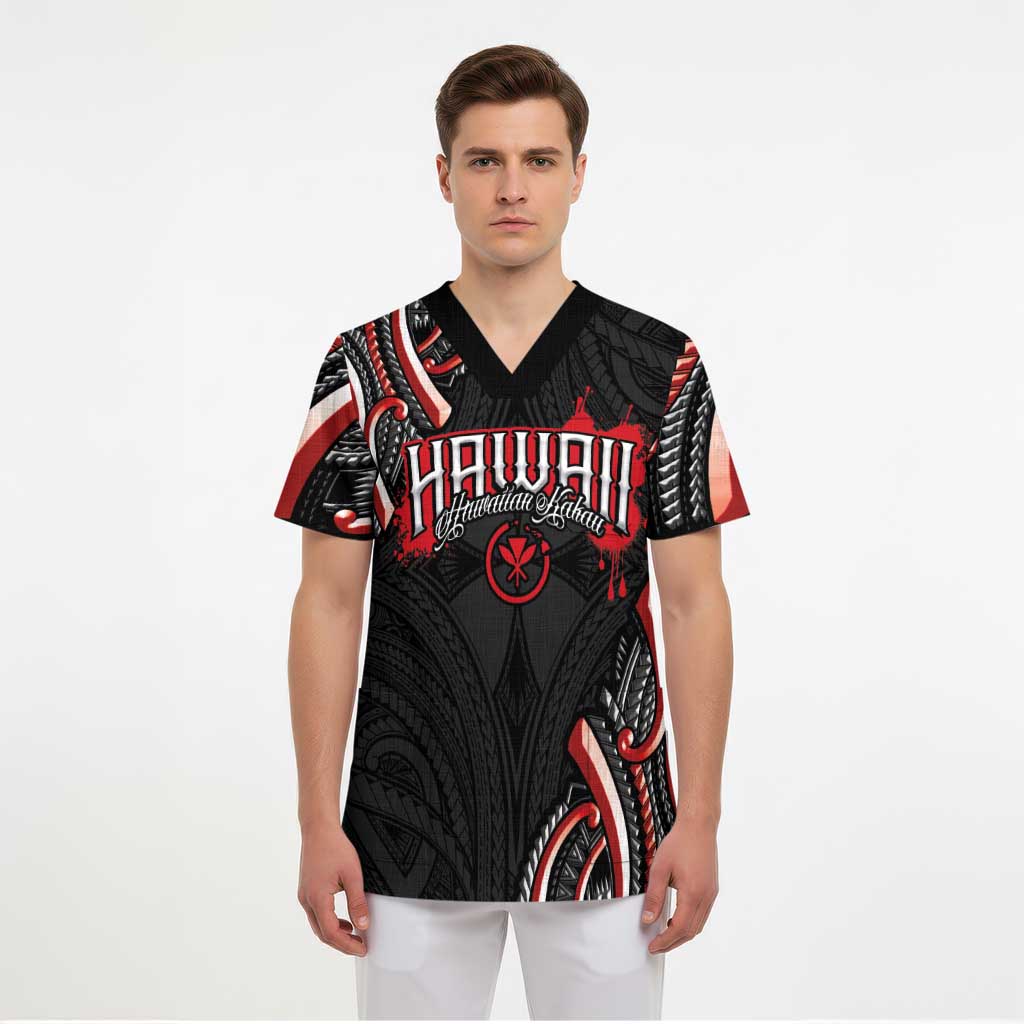 Traditional Art Hawaiian Kakau Tattoos Scrub Top Red Color - Polynesian Pride