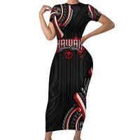 Traditional Art Hawaiian Kakau Tattoos Short Sleeve Bodycon Dress Red Color LT03 Long Dress Red - Polynesian Pride