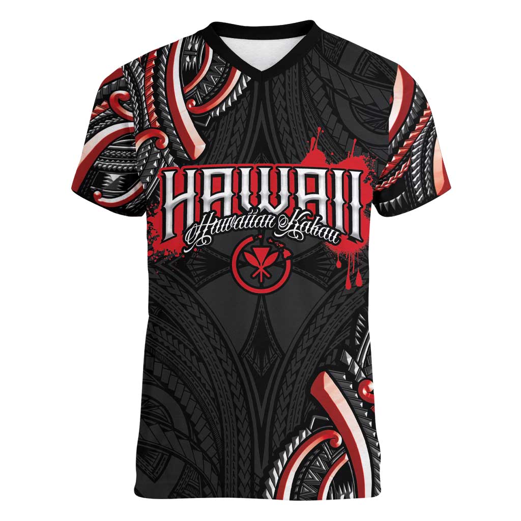 Traditional Art Hawaiian Kakau Tattoos Women V-Neck T-Shirt Red Color LT03 Female Red - Polynesian Pride