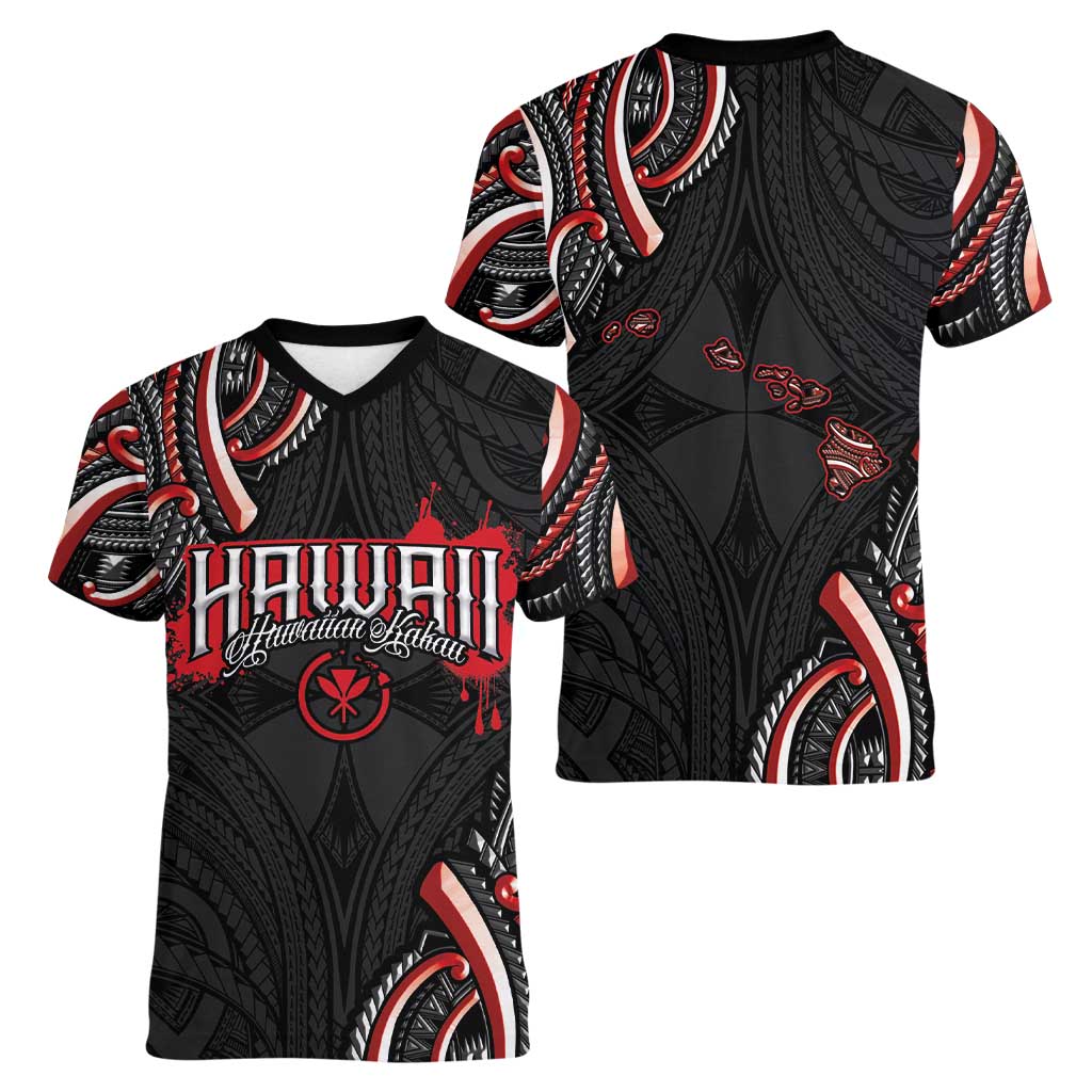 Traditional Art Hawaiian Kakau Tattoos Women V-Neck T-Shirt Red Color LT03 - Polynesian Pride