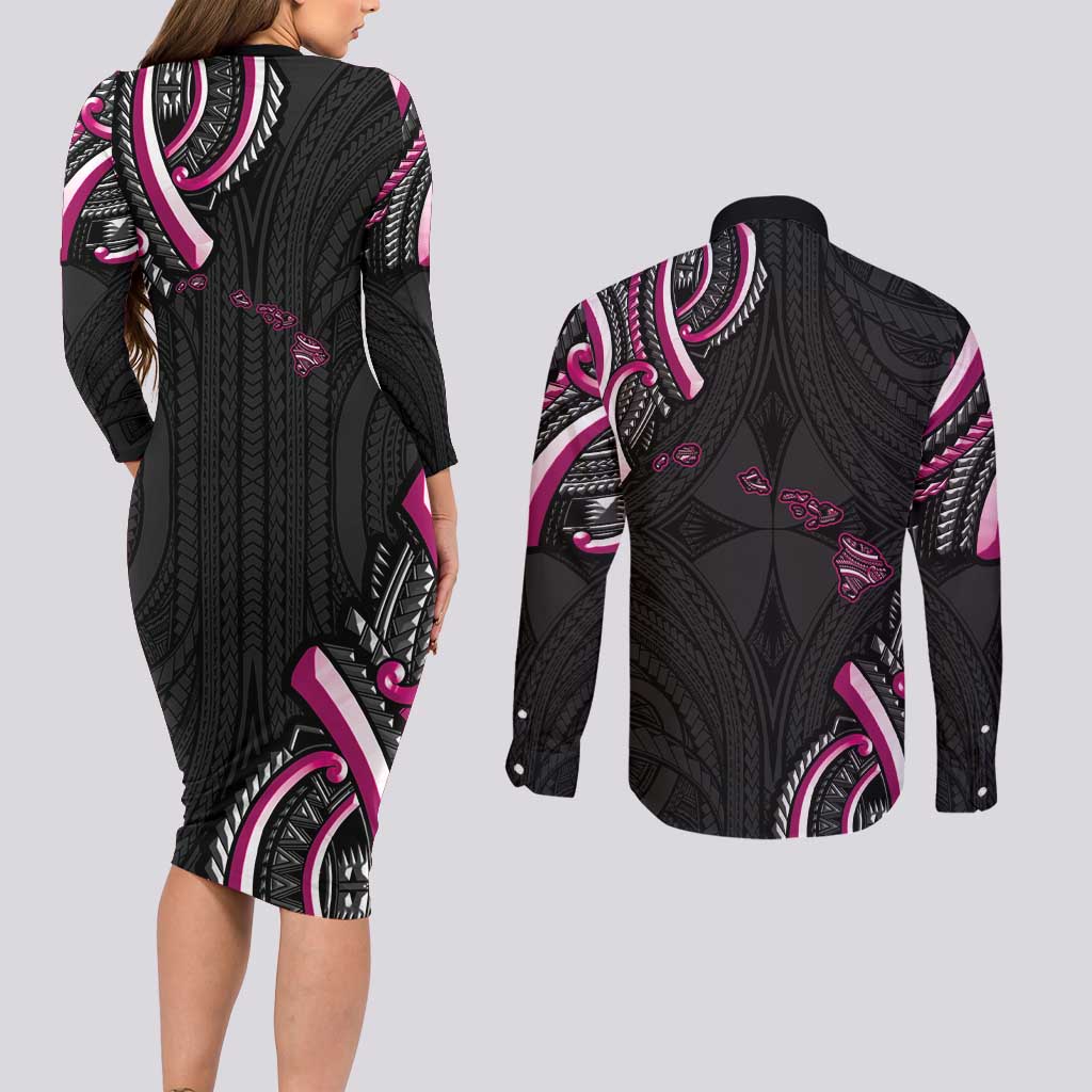 Traditional Art Hawaiian Kakau Tattoos Couples Matching Long Sleeve Bodycon Dress and Long Sleeve Button Shirt Pink Color - Polynesian Pride