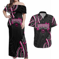 Traditional Art Hawaiian Kakau Tattoos Couples Matching Off Shoulder Maxi Dress and Hawaiian Shirt Pink Color - Polynesian Pride