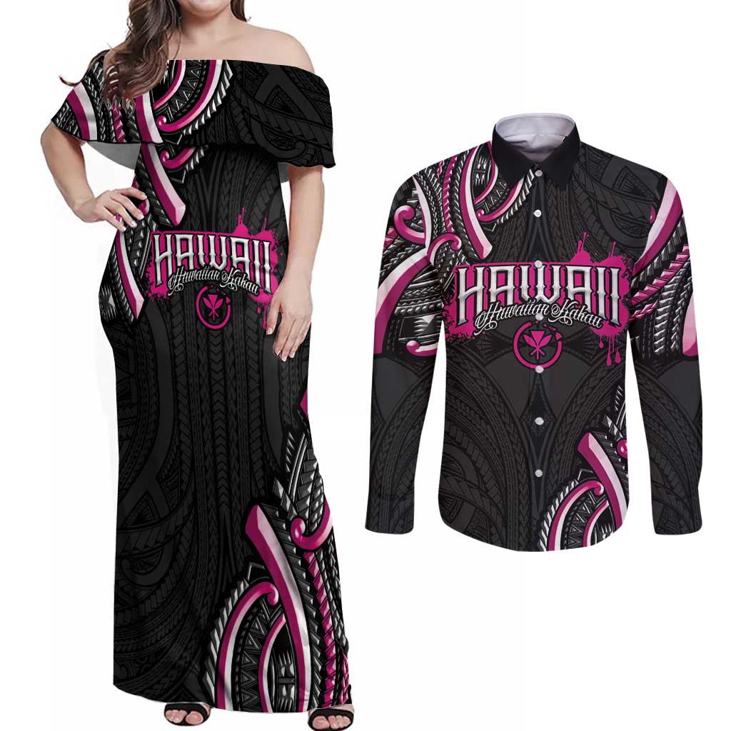 Traditional Art Hawaiian Kakau Tattoos Couples Matching Off Shoulder Maxi Dress and Long Sleeve Button Shirt Pink Color - Polynesian Pride