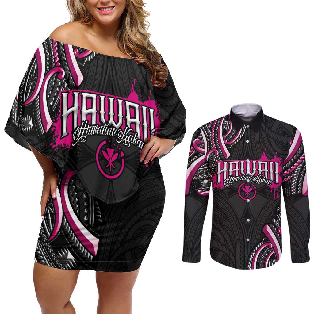 Traditional Art Hawaiian Kakau Tattoos Couples Matching Off Shoulder Short Dress and Long Sleeve Button Shirt Pink Color - Polynesian Pride