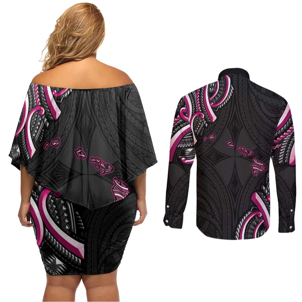 Traditional Art Hawaiian Kakau Tattoos Couples Matching Off Shoulder Short Dress and Long Sleeve Button Shirt Pink Color - Polynesian Pride