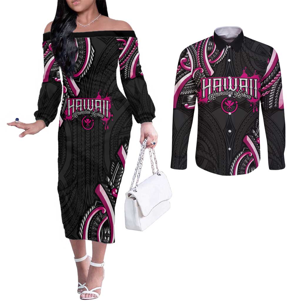 Traditional Art Hawaiian Kakau Tattoos Couples Matching Off The Shoulder Long Sleeve Dress and Long Sleeve Button Shirt Pink Color - Polynesian Pride